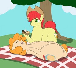 Size: 1280x1134 | Tagged: safe, artist:astr0zone, bright mac, pear butter, earth pony, pony, g4, applejack's parents, chubby, duo, eating, fat, fat fetish, feedee, feeder, feeding, female, fetish, food, male, picnic, pie, ship:brightbutter, shipping, straight, tree, weight gain