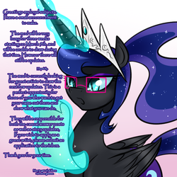 Size: 750x750 | Tagged: safe, artist:cosmalumi, nightmare moon, alicorn, pony, tumblr:ask queen moon, g4, glasses, scroll, solo