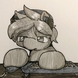 Size: 1998x1998 | Tagged: safe, artist:chibibiscuit, oc, oc only, oc:cee biscuit, computer mouse, grayscale, inktober, keyboard, markers, monochrome, solo, traditional art