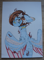 Size: 2705x3665 | Tagged: safe, artist:worldlofldreams, oc, oc only, pegasus, pony, bandaid, bandaid on nose, flower, flower in hair, high res, solo, traditional art