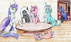 Size: 3447x2048 | Tagged: safe, artist:40kponyguy, derpibooru exclusive, oc, oc only, oc:burning passion, oc:clairvoyance, oc:cloudy skies, oc:crimson defilement, oc:cyanide sting, oc:gemstone, changeling, pegasus, pony, unicorn, bracelet, changeling oc, female, filly, food, high res, jewelry, looking at each other, looking at you, magic, requested art, sandwich, table, telekinesis, traditional art, wooden floor