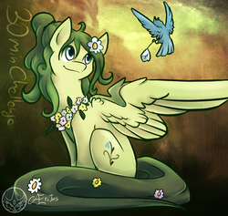 Size: 1000x948 | Tagged: safe, artist:aeritus, oc, oc only, bird, pegasus, pony, 30 minute art challenge, flower, flower in hair, smiling, solo