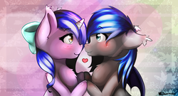 Size: 1453x785 | Tagged: safe, artist:kourma, oc, oc only, oc:avici flower, oc:lunar frost, bat pony, pony, unicorn, abstract background, avifrost, bandage, blushing, bow, cute, female, frostinglyladale, looking at each other, male, married couple, shipping, ych result