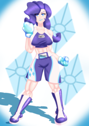 Size: 4961x7016 | Tagged: safe, artist:ryujisama, rarity, human, g4, abs, absurd resolution, boxer, boxing, boxing gloves, breasts, busty rarity, clothes, female, humanized, midriff, muscles, ripped rarity, shorts, solo, sports, sports bra