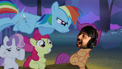 Size: 1280x720 | Tagged: safe, edit, edited screencap, screencap, apple bloom, rainbow dash, scootaloo, sweetie belle, human, g4, sleepless in ponyville, cutie mark crusaders, facial hair, human male, laughing, male, mutahar, scared, someordinarygamers, youtuber
