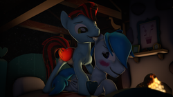 Size: 3840x2160 | Tagged: safe, artist:fiopon, oc, oc only, oc:fiopon, g4, 3d, bed, blushing, ear bite, fiery wings, fireplace, fluttershy's cottage, gay, high res, male, night, oc x oc, shipping, source filmmaker
