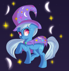 Size: 3360x3470 | Tagged: safe, artist:brok-enwings, trixie, pony, unicorn, g4, blushing, cape, clothes, cute, diatrixes, female, hat, high res, looking at you, mare, raised hoof, solo, stars, trixie's cape, trixie's hat