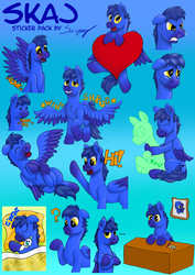 Size: 2893x4092 | Tagged: safe, artist:saxpony, oc, oc only, oc:skaj, pegasus, pony, goodnight, heart, hug, laughing, male, plushie, pomf, sad, shrug, spread wings, stallion, sticker, telegram sticker, wingboner, wings