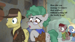 Size: 1280x720 | Tagged: safe, edit, edited screencap, screencap, dust brush, gentiana, indiana pones, professor fossil, pony, g4, season 7, shadow play, archaeologist, colt, female, filly, foal, glasses, hat, implied applejack, implied booby trap, indiana jones, male, mare, open mouth, ruins, stallion