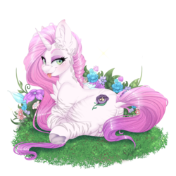 Size: 1600x1600 | Tagged: safe, artist:pvrii, oc, oc only, oc:flawless heart, pony, unicorn, chest fluff, dock, ear fluff, female, flower, freckles, lying down, mare, on side, piercing, raised eyebrow, simple background, smiling, solo, tongue out, tongue piercing, transparent background, underhoof