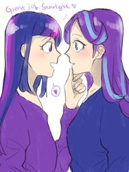 Size: 600x800 | Tagged: safe, artist:extraluna, starlight glimmer, twilight sparkle, human, g4, blushing, clothes, dialogue, female, heart, human coloration, humanized, imminent kissing, lesbian, looking at each other, open mouth, ship:twistarlight, shipping, simple background, white background