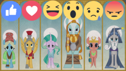 Size: 1967x1106 | Tagged: safe, flash magnus, meadowbrook, mistmane, rockhoof, somnambula, star swirl the bearded, g4, shadow play, background pony strikes again, emoji, facebook, facebook reactions, pillars of equestria, wat, wtf