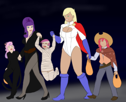 Size: 1456x1183 | Tagged: safe, artist:eve-ashgrove, apple bloom, applejack, rarity, scootaloo, sweetie belle, human, g4, breasts, catgirl, cleavage, clothes, costume, dark skin, dc comics, elvira, elviraty, family, halloween, holiday, humanized, light skin, moderate dark skin, mummy, nightmare night, power girl, scootalove, the man with no name