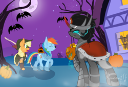 Size: 1024x696 | Tagged: safe, artist:humble-ravenwolf, applejack, king sombra, rainbow dash, oc, oc:ravenhoof, bat, earth pony, ghost, hengstwolf, pegasus, pony, werewolf, g4, bycocket, fake bats, halloween, halloween 2017, holiday, nightmare night, pumpkin, pumpkin bucket, robin hood, sombra eyes, trick or treat