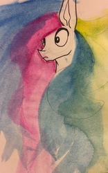 Size: 799x1280 | Tagged: safe, artist:greyscaleart, princess celestia, alicorn, pony, g4, bust, female, portrait, solo, traditional art, watercolor painting