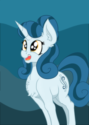 Size: 1381x1942 | Tagged: safe, artist:paskanaakka, derpibooru exclusive, oc, oc only, oc:cerulean swirls, pony, unicorn, abstract background, chest fluff, ear fluff, female, mare, open mouth, smiling, solo