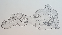 Size: 4730x2660 | Tagged: safe, artist:nightwind-arts, pinkie pie, g4, best pony, female, hug, lying down, mare, monochrome, pillow, pillow hug, sketch, sleeping, sleepy, solo, traditional art