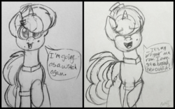 Size: 3429x2141 | Tagged: safe, artist:binkyt11, derpibooru exclusive, oc, oc only, oc:nurse bloodlust, pony, unicorn, ask, beauty mark, female, high res, mare, speech bubble, traditional art