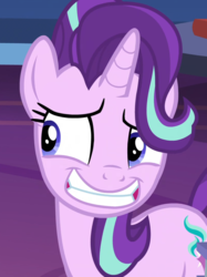 Size: 1076x1436 | Tagged: safe, screencap, starlight glimmer, pony, unicorn, g4, shadow play, female, grin, mare, nervous, nervous smile, smiling, solo, twilight's castle