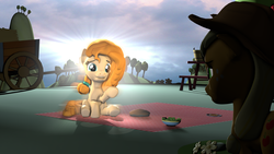 Size: 3840x2160 | Tagged: safe, artist:cutthroadstreak, applejack, pear butter, earth pony, ghost, pony, undead, g4, 3d, dream, duo, female, high res, mare, pear butter's ghost, picnic, picnic blanket, source filmmaker, sun