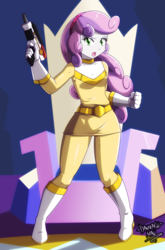 Size: 2312x3500 | Tagged: safe, artist:danmakuman, sweetie belle, human, equestria girls, g4, boots, chouriki sentai ohranger, clothes, commission, costume, female, gun, high res, looking at you, open mouth, power rangers, power rangers zeo, shoes, solo, super sentai, twilight's castle, weapon, yellow ranger