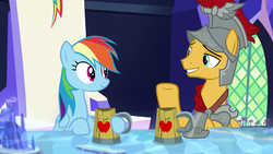 Size: 1600x900 | Tagged: safe, screencap, flash magnus, rainbow dash, pegasus, pony, g4, shadow play, apple cider, cutie map, duo, female, friendship throne, male, map room, mare, mug, stallion, throne