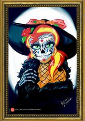 Size: 1346x1913 | Tagged: safe, artist:nayaasebeleguii, sunset shimmer, g4, bust, catrina (calavera garbancera), clothes, costume, face paint, flower, flower in hair, hat, makeup, patreon, patreon logo, portrait, skeleton costume, skull