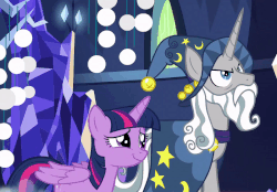 Size: 800x557 | Tagged: safe, screencap, star swirl the bearded, twilight sparkle, alicorn, pony, unicorn, g4, shadow play, adventure in the comments, animated, beard, denied, facial hair, female, floppy ears, hat, male, mare, sad, stallion, twilight sparkle (alicorn), wizard hat