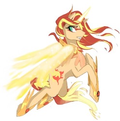 Size: 718x724 | Tagged: safe, artist:inspectorvalvert, sunset shimmer, alicorn, equestria girls, g4, alicornified, concave belly, daydream shimmer, female, fiery shimmer, fiery wings, jewelry, race swap, regalia, shimmercorn, simple background, solo, white background