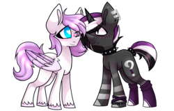 Size: 5554x3549 | Tagged: safe, artist:dollmaker47, oc, oc only, oc:ghost type, oc:night glider, pegasus, pony, unicorn, absurd resolution, blushing, choker, clothes, female, male, mare, socks, spiked choker, spiked wristband, stallion, wristband