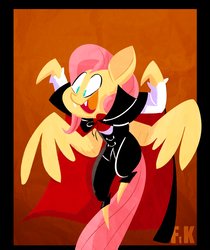 Size: 1824x2173 | Tagged: safe, artist:fluttershythekind, fluttershy, vampire, vampony, g4, clothes, costume, fangs, female, flying, mare, solo, spread wings, wings