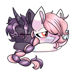 Size: 3982x3874 | Tagged: safe, artist:dollmaker47, oc, oc only, oc:ghost type, oc:night glider, pegasus, pony, unicorn, blushing, female, high res, male, mare, prone, sleeping, stallion