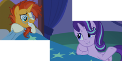 Size: 3242x1638 | Tagged: safe, edit, edited screencap, screencap, starlight glimmer, sunburst, pony, unicorn, g4, uncommon bond, bed, blanket, creepy, curtains, cute, duo, excited, female, glasses, gritted teeth, happy, head tilt, hoof on chin, looking at each other, male, mare, messy mane, nervous, nervous smile, night, pillow, sheet, simple background, smiling, stallion, stars, transparent background, twilight's castle