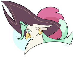 Size: 971x748 | Tagged: safe, artist:egophiliac, captain celaeno, anthro, g4, my little pony: the movie, bust, ear piercing, female, hat, piercing, pirate hat, portrait, profile, simple background, smiling, solo, transparent background