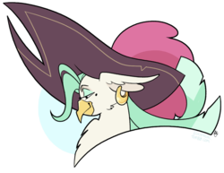 Size: 971x748 | Tagged: safe, artist:egophiliac, captain celaeno, bird, ornithian, anthro, g4, my little pony: the movie, bust, ear piercing, female, hat, piercing, pirate hat, portrait, profile, simple background, smiling, solo, transparent background