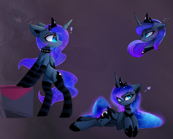 Size: 3559x2863 | Tagged: safe, artist:magnaluna, princess luna, alicorn, pony, ..., bipedal, bipedal leaning, blushing, bust, chest fluff, clothes, colored wings, crown, eyeshadow, female, heart, heart eyes, jewelry, leaning, lidded eyes, looking at you, looking back, makeup, mare, regalia, smiling, socks, solo, striped socks, wingding eyes, zoom layer