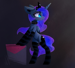 Size: 1561x1415 | Tagged: safe, artist:magnaluna, princess luna, alicorn, pony, g4, bipedal, bipedal leaning, blushing, chest fluff, clothes, collar, crown, eyeshadow, female, heart eyes, jewelry, leaning, looking back, makeup, mare, missing accessory, regalia, socks, solo, striped socks, wingding eyes