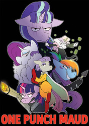 Size: 1280x1813 | Tagged: safe, artist:stevetwisp, maud pie, rainbow dash, rarity, starlight glimmer, sweetie belle, twilight sparkle, earth pony, pony, g4, crossover, fubuki (one punch man), genos, king (one punch man), one punch man, parody, poster, s5 starlight, saitama, speed-o'-sound sonic, tatsumaki (one punch man), text