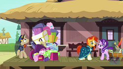 Size: 2208x1242 | Tagged: safe, screencap, starlight glimmer, sunburst, pony, unicorn, g4, uncommon bond, female, grin, luggage, male, mare, nervous, nervous smile, smiling, stallion, train station, trio, unnamed character, unnamed pony