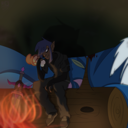 Size: 1688x1688 | Tagged: safe, artist:moonakart13, artist:moonaknight13, twilight sparkle, oc, oc:twilight night, human, g4, alternate universe, blood, clothes, dark skin, eating, fire, fire pit, food, forest, log, meat, monster, monster hunter, scar, sword, tail, weapon