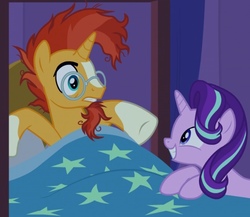 Size: 775x672 | Tagged: safe, screencap, starlight glimmer, sunburst, g4, uncommon bond, bed, bed hair, covers, duo, female, glasses, male, out of context, scared, smiling, stallion, stars