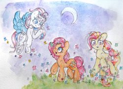 Size: 3554x2573 | Tagged: safe, artist:catseye-view, gem blossom, sparkleworks, star catcher, butterfly, g3, high res, moon, traditional art