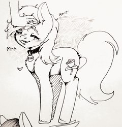 Size: 2076x2160 | Tagged: safe, artist:palace, roseluck, earth pony, behaving like a cat, blushing, chest fluff, collar, commissioner:doom9454, cute, ear fluff, eyes closed, female, fluffy, hand, hoof fluff, leg fluff, mare, monochrome, offscreen character, pet tag, petting, pony pet, profile, purring, rosepet, smiling, standing, tongue out, traditional art