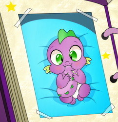 Size: 1811x1872 | Tagged: safe, artist:dsana, spike, dragon, g4, baby, baby spike, book, crib, cropped, cute, diaper, male, picture, solo, spikabetes, sucking, tail, tape