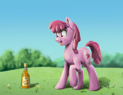 Size: 1097x846 | Tagged: safe, artist:coreboot, artist:el-yeguero, berry punch, berryshine, earth pony, pony, g4, alcohol, bottle, female, flower, grass, mare, solo, tree