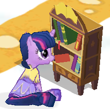 Size: 221x220 | Tagged: safe, gameloft, screencap, twilight sparkle, g4, book, bookshelf, cropped, female, solo