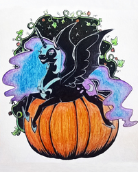 Size: 1456x1807 | Tagged: safe, artist:hengebellika, nightmare moon, g4, armor, leaves, pumpkin, sitting, smiling, space, teeth, traditional art, vine