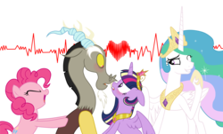 Size: 5405x3267 | Tagged: safe, artist:smallbluetiger, discord, pinkie pie, princess celestia, twilight sparkle, alicorn, pony, g4, absurd resolution, big crown thingy, celestia the shipper, electrocardiogram, female, heart, horseshoes, jewelry, male, pinkie the shipper, regalia, ship:discolight, shipper on deck, shipping, simple background, straight, transparent background, twilight sparkle (alicorn)