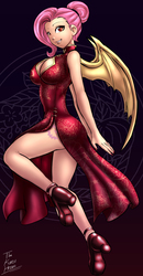Size: 1560x3000 | Tagged: safe, artist:dakuroihoshi, fluttershy, bat pony, human, g4, alternate hairstyle, big breasts, breasts, busty fluttershy, cheongsam, cleavage, clothes, cutie mark, dress, female, flutterbat, high heels, humanized, legs, looking at you, race swap, red eyes, shoes, side slit, smiling, solo, stupid sexy flutterbat, stupid sexy fluttershy