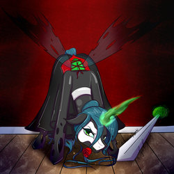 Size: 1024x1024 | Tagged: safe, artist:jessicanyuchi, artist:syncbanned, queen chrysalis, changeling, changeling queen, g4, clothes, collaboration, costume, female, flower, halloween, halloween costume, holiday, magic, mask, nightmare night, nightmare night costume, phantom of the opera, rose, solo, sword, weapon, wooden floor